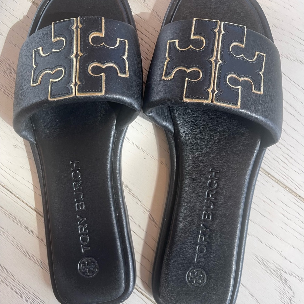 Gorgeous Tory Burch Black Leather Slides with Gold Detailing! - Picture 9 of 14
